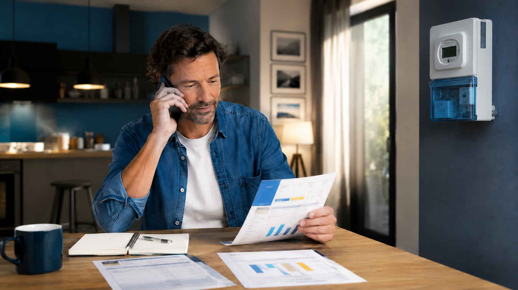 Comparateur électricité 2026, homme analysant sa facture d’énergie à domicile.