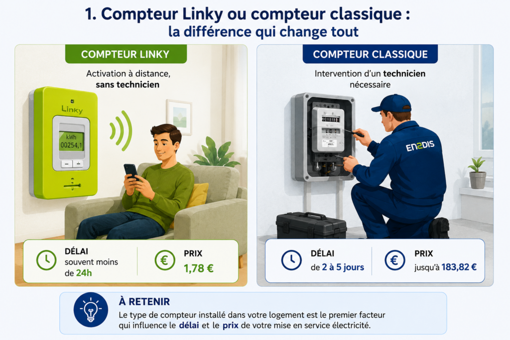 Illustration comparant un compteur Linky activé à distance et un compteur électrique classique nécessitant l’intervention d’un technicien Enedis lors d’une mise en service en urgence.