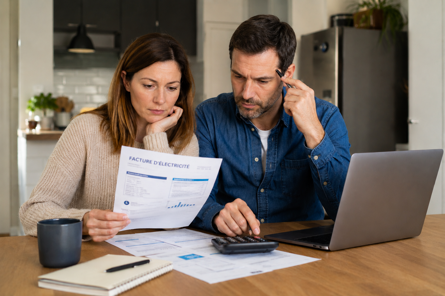 Couple français calculant leur facture d'électricité avant de changer de fournisseur en 2026