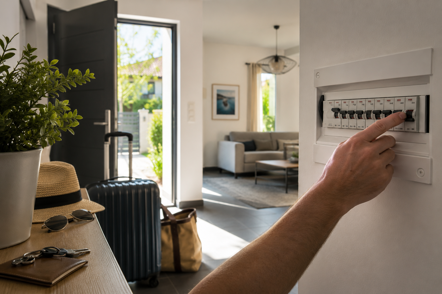 Main coupant le disjoncteur dans une maison avant un départ en vacances d’été