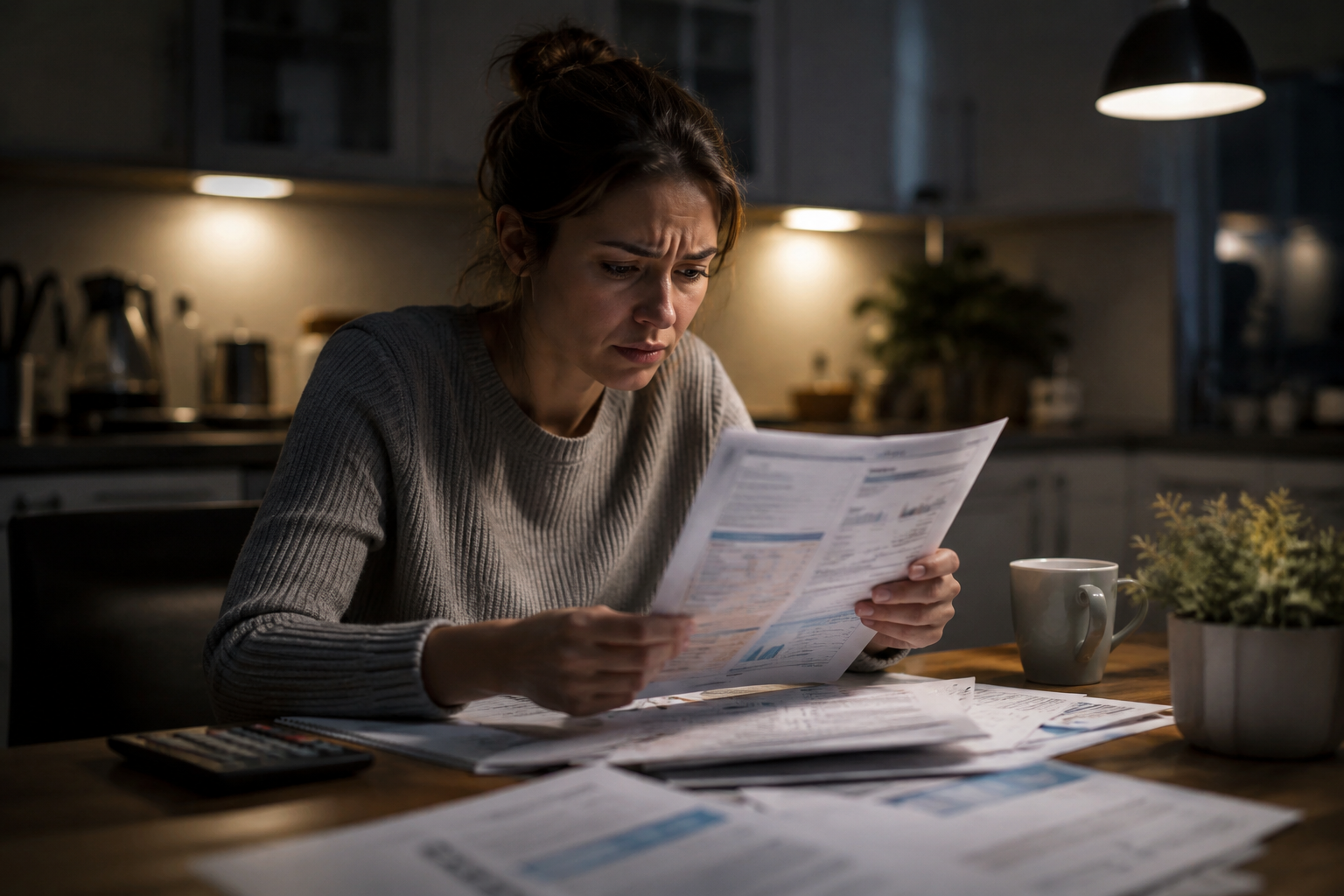 hausse facture d'électricité 2026: Une femme inquiète consulte ses factures d’électricité à une table de cuisine le soir, dans une ambiance réaliste et cinématographique.