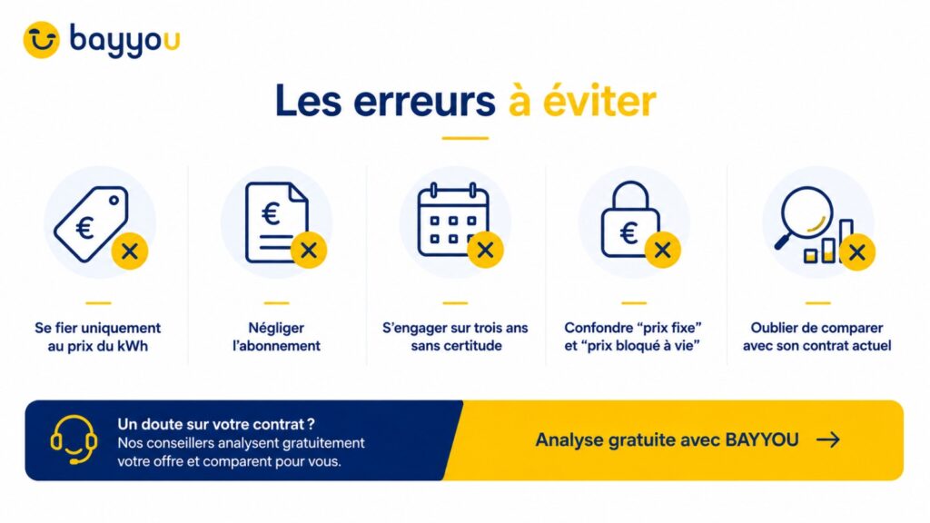 Les erreurs à éviter avant de choisir une offre d’électricité à prix fixe : prix du kWh, abonnement, durée du contrat et comparaison des offres.