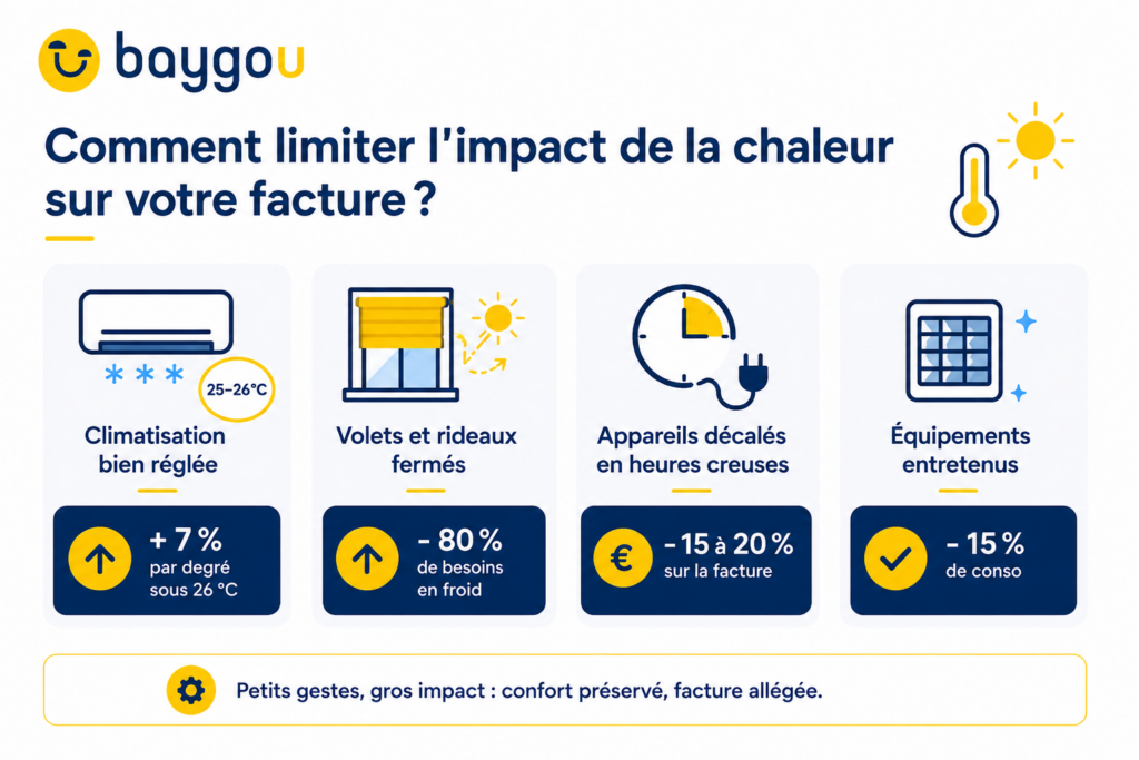 conseils pour limiter la consommation électrique et réduire sa facture d’électricité pendant une canicule.