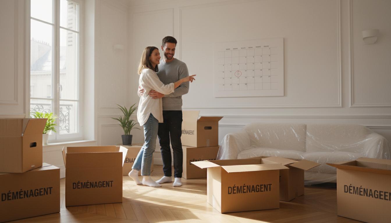 Couple dans un appartement avec des cartons de déménagement.