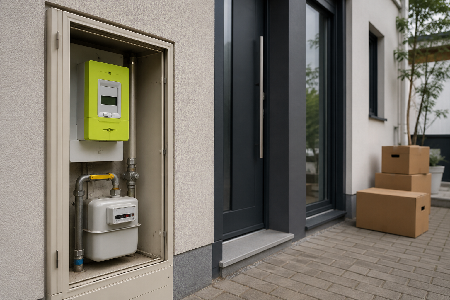 Compteurs d’électricité et de gaz naturel à l’extérieur d’un logement en France lors d’un déménagement.