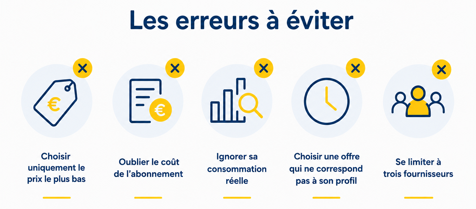 Les erreurs à éviter avant de choisir un fournisseur d'électricité: prix du kWh seul, abonnement oublié, consommation ignorée, offre inadaptée.