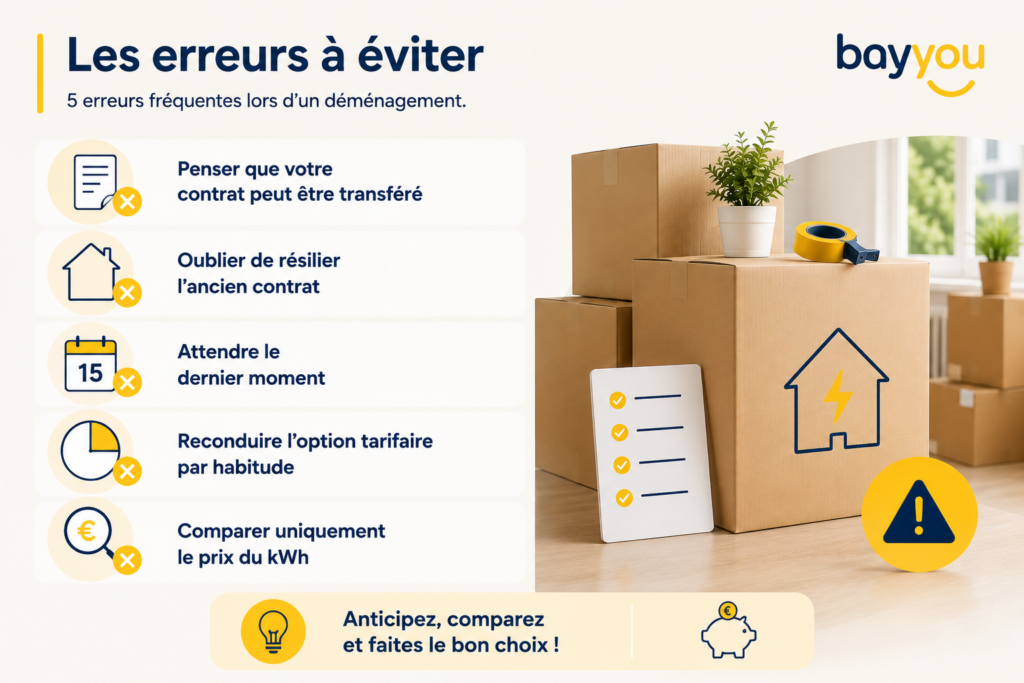 Les erreurs à éviter lors d'un déménagement: croire au transfert de contrat, oublier la résiliation, s'y prendre trop tard.