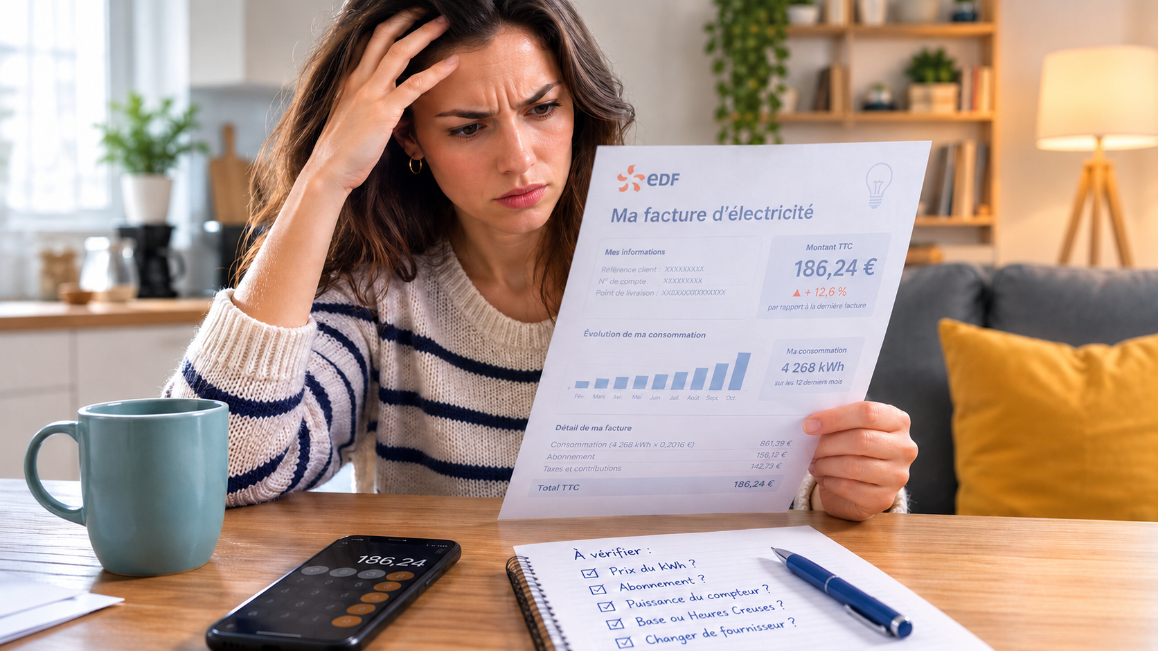 Personne qui vérifie si sa facture d'électricité est trop chère
