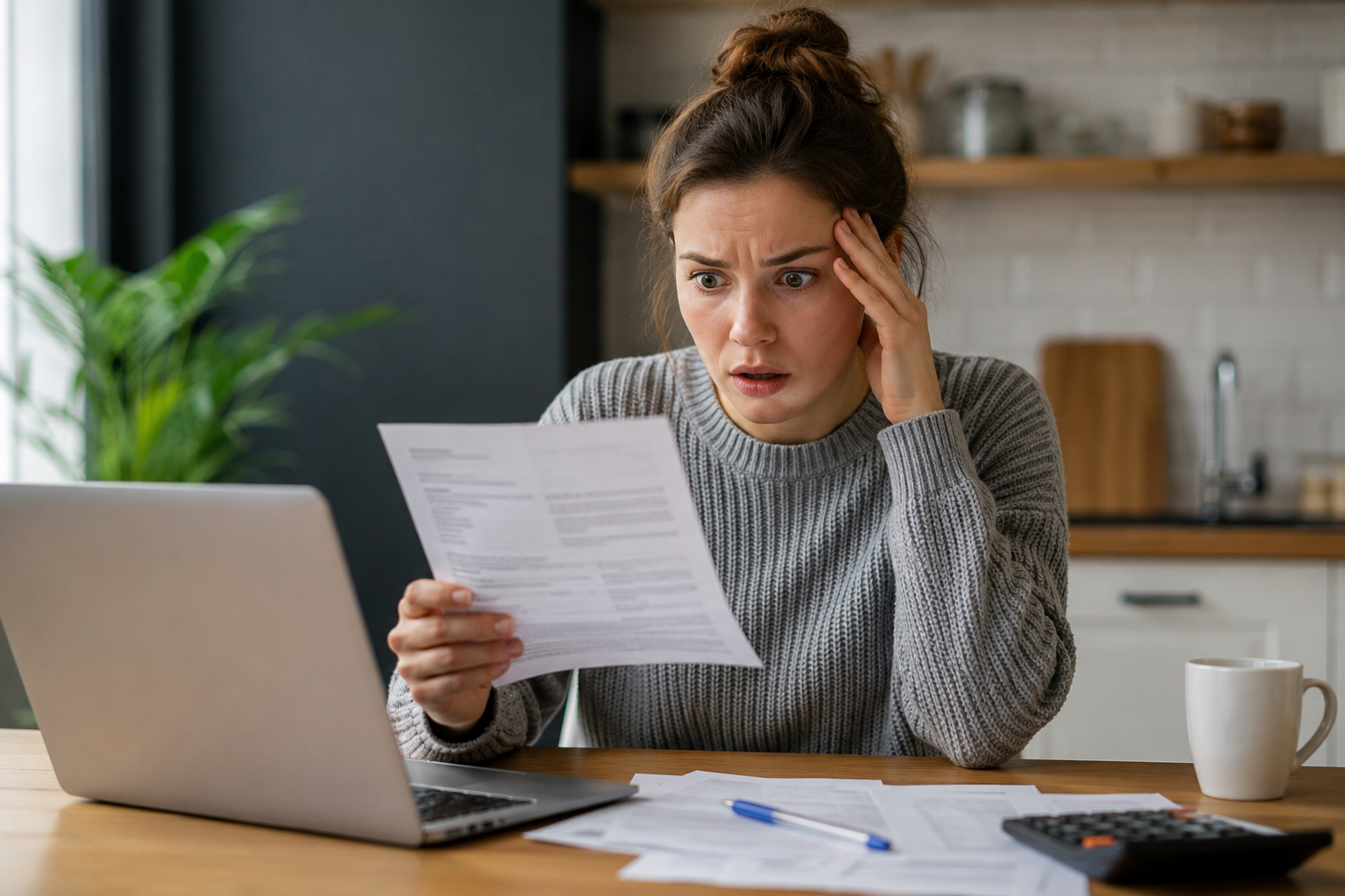 Facture de régularisation d'électricité élevée consultée avec inquiétude à la maison.