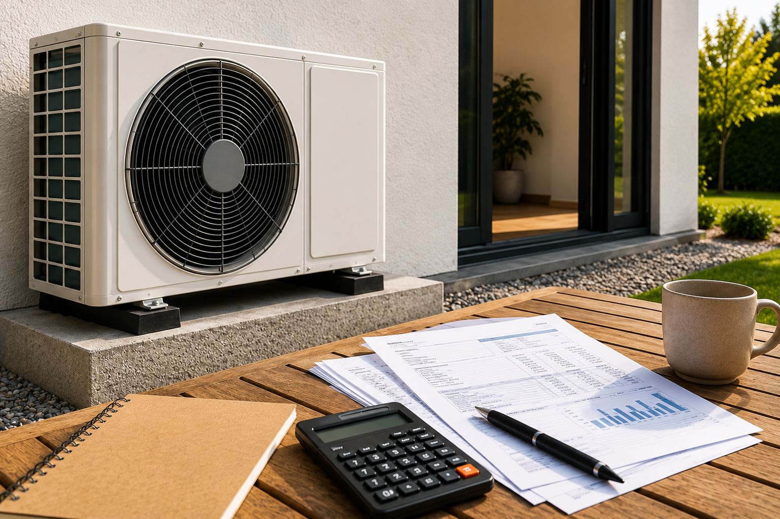 Pompe à chaleur installée près d'une maison, avec une facture d'électricité et un calculateur pour illustrer le choix d'une offre adaptée.