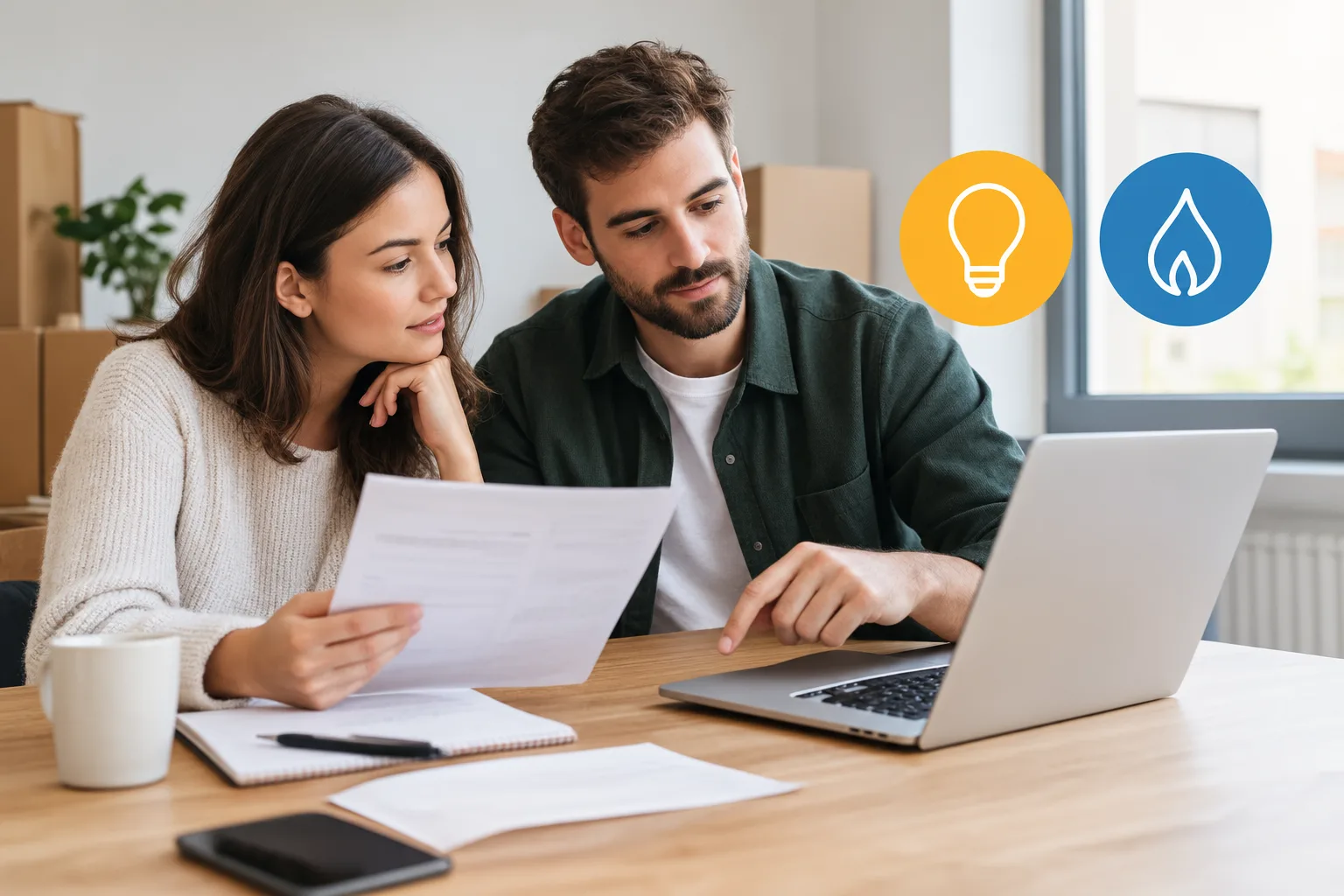 Couple préparant les démarches d’électricité et de gaz de leur nouveau logement avant un déménagement.