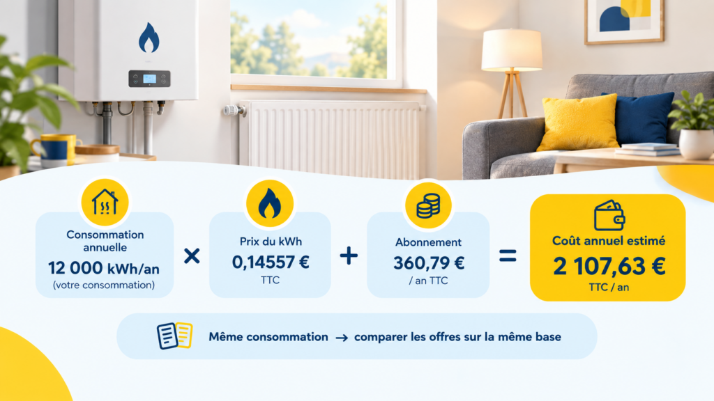 Illustration pour comparer les offres de gaz de chauffage et calculer le coût annuel selon la consommation, le prix du kWh et l’abonnement.
