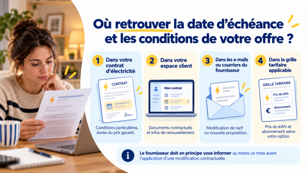 Offre d’électricité à prix fixe: où retrouver la date d’échéance et les conditions du contrat.