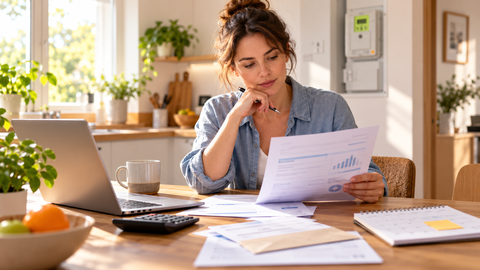 Offre d’électricité à prix fixe: femme vérifiant son contrat avant l’échéance.