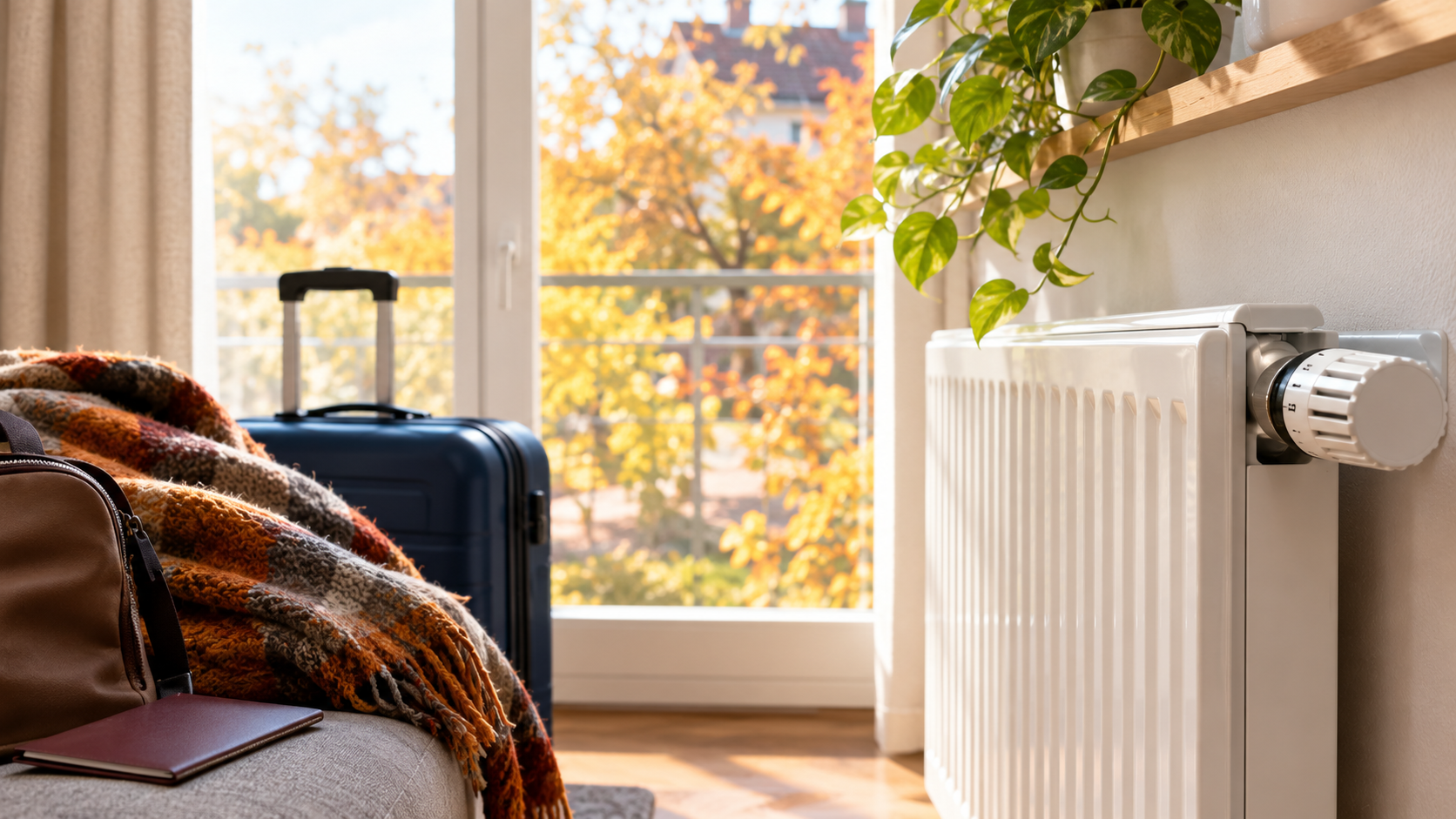 Radiateur blanc dans un salon lumineux en automne, avec une valise prête pour le départ et des feuilles aux couleurs automnales visibles par la fenêtre.